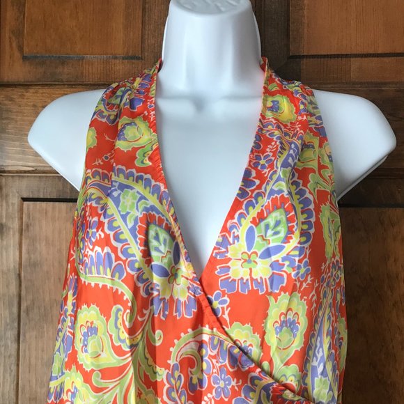 Lauren Ralph Lauren Orange w/Blue Yellow Green Paisley Sleeveless Top 6 Petite - Picture 2 of 11
